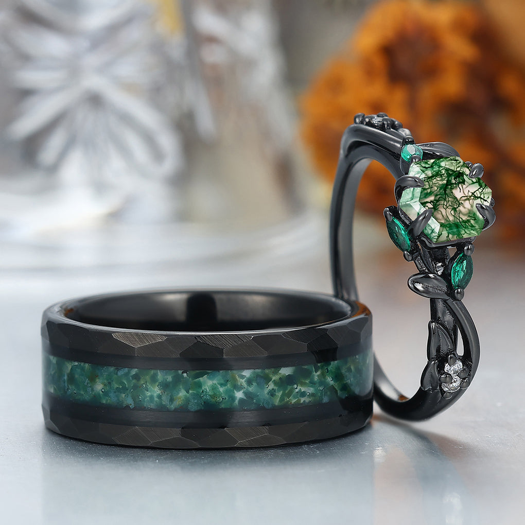 Exquisite Moss Agate Sprigs Engagement Couple Rings Promise Green Tungsten Wedding Rings