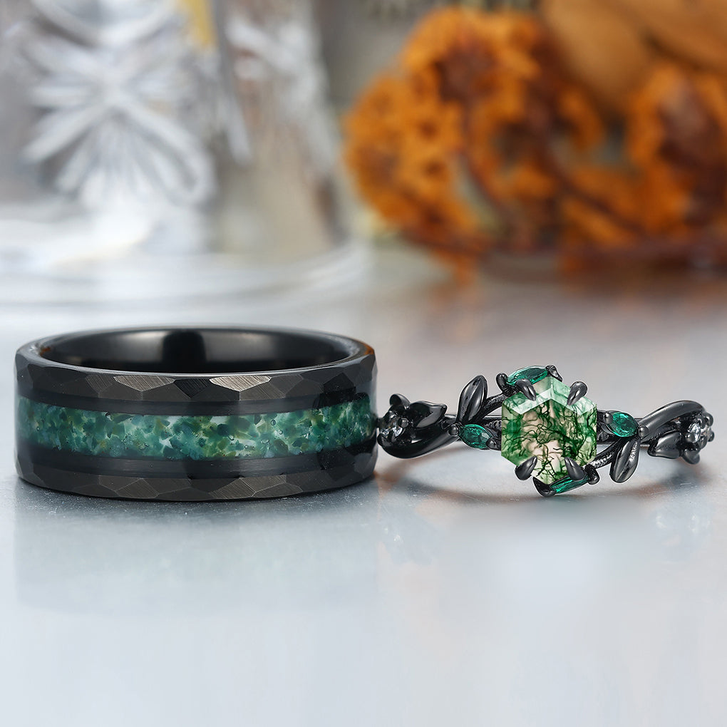 Exquisite Moss Agate Sprigs Engagement Couple Rings Promise Green Tungsten Wedding Rings