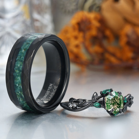 Exquisite Moss Agate Sprigs Engagement Couple Rings Promise Green Tungsten Wedding Rings
