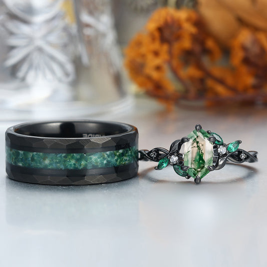 Gorgeous Natural Moss Agate Curved Leaf Couple Rings S925 And Tungsten Couples' Set