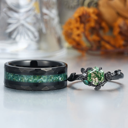 Roses Design Moss Agate Couple Rings Matching Promise Green Tungsten Engagement and Wedding Rings