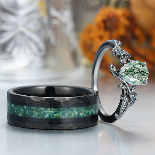 Vintage Pear Cut Moss Agate His and Hers Wedding Band Leaf Branch Black Plated Couples Ring