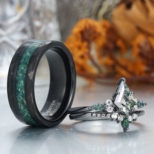 Vintage Kite Shape Green Moss Agate Couples Ring Set 925 Sliver His and Hers Wedding Band