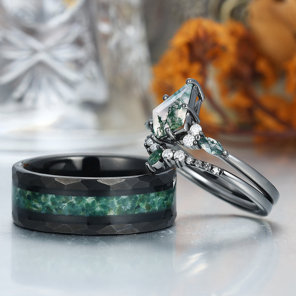 Vintage Kite Shape Green Moss Agate Couples Ring Set 925 Sliver His and Hers Wedding Band