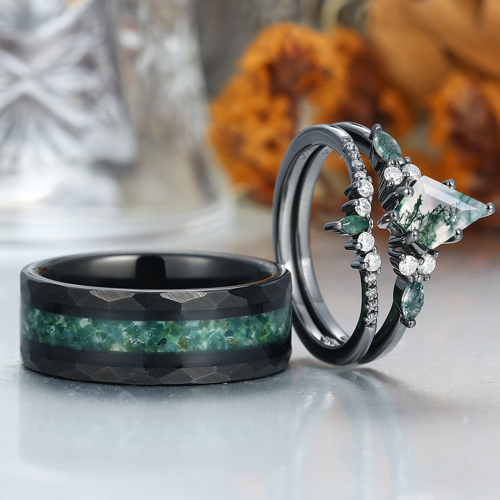 Vintage Kite Shape Green Moss Agate Couples Ring Set 925 Sliver His and Hers Wedding Band