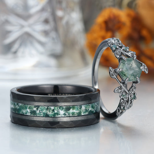 Moss Agate Sprigs Engagement Couple Rings Tungsten Matching Wedding Rings