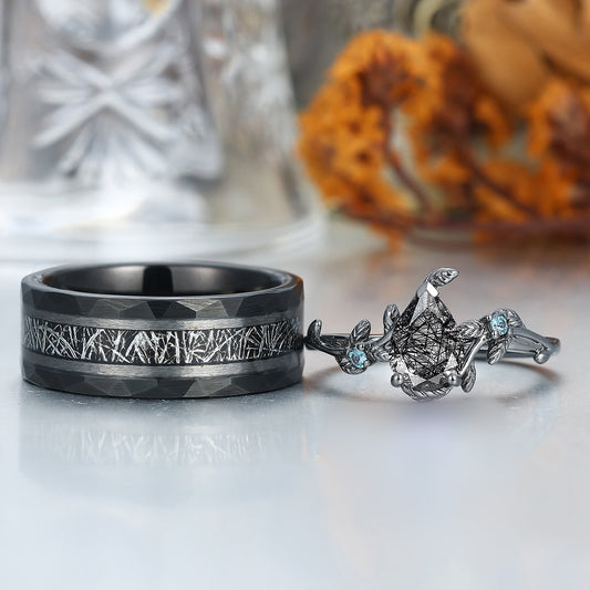 Promise Pear Shape Black Rutilated Quartz Engagement Alexandrite Inlaid Couples Ring Set