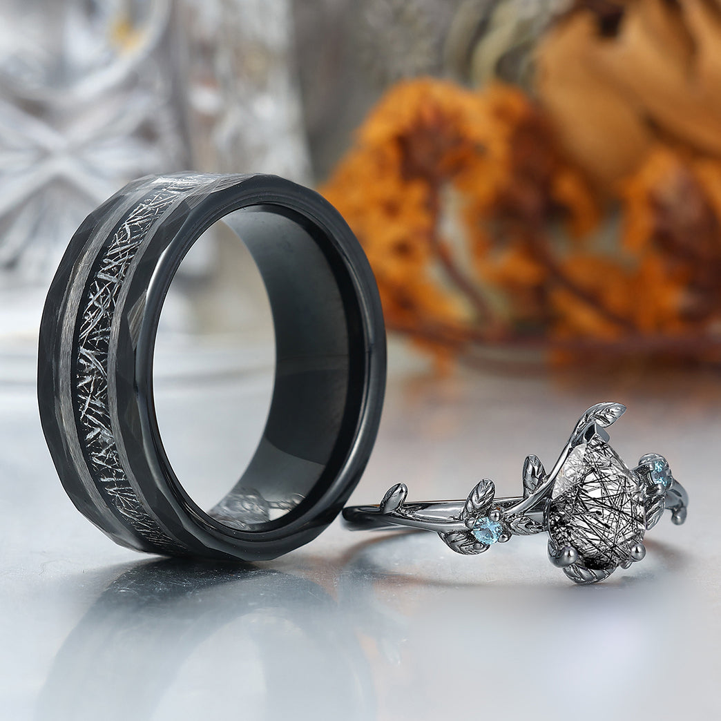 Promise Pear Shape Black Rutilated Quartz Engagement Alexandrite Inlaid Couples Ring Set