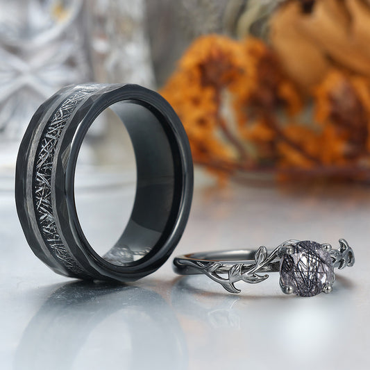 Stylish Black Rutilated Quartz Leaf Engagement Couple Rings Matching Hammered Tungsten Wedding Band