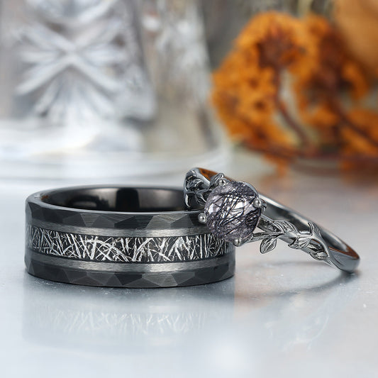 Stylish Black Rutilated Quartz Leaf Engagement Couple Rings Matching Hammered Tungsten Wedding Band