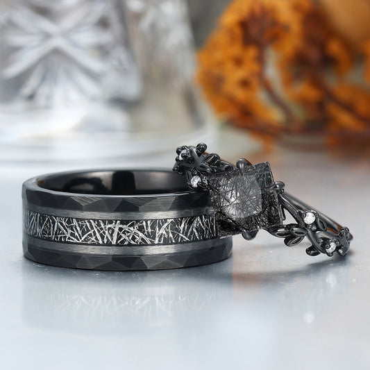 Princess Cut Black Rutilated Quartz Engagement Couples Ring S925 And Tungsten Matching Ring