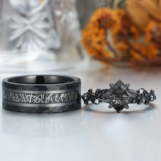 Princess Cut Black Rutilated Quartz Engagement Couples Ring S925 And Tungsten Matching Ring