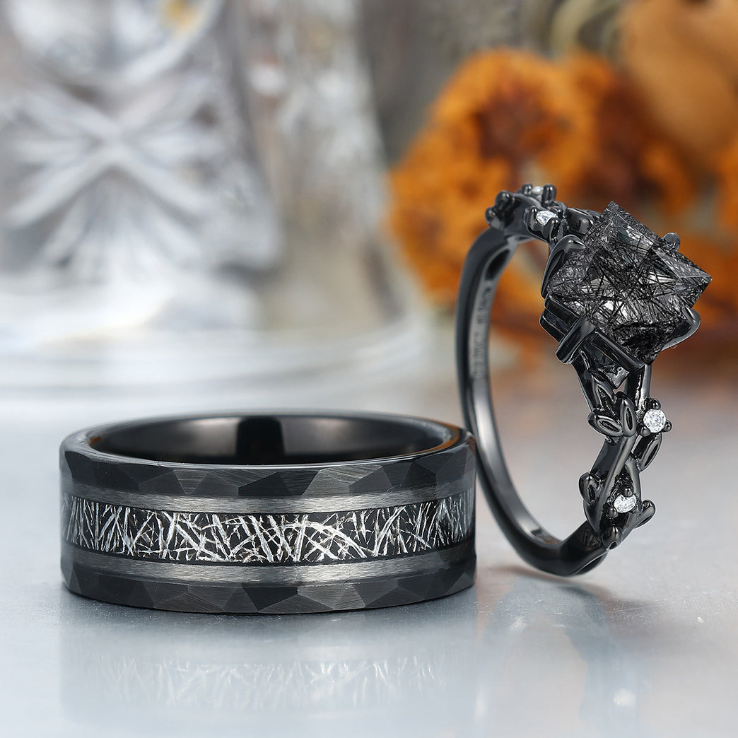 Princess Cut Black Rutilated Quartz Engagement Couples Ring S925 And Tungsten Matching Ring