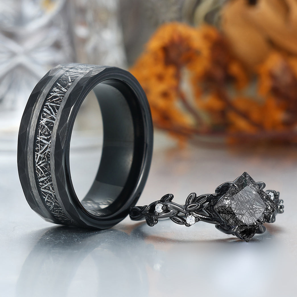 Princess Cut Black Rutilated Quartz Engagement Couples Ring S925 And Tungsten Matching Ring