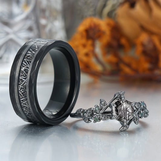 Hexagon Black Rutilated Quartz Leaf Design Couples Ring Set His and Hers Wedding Band