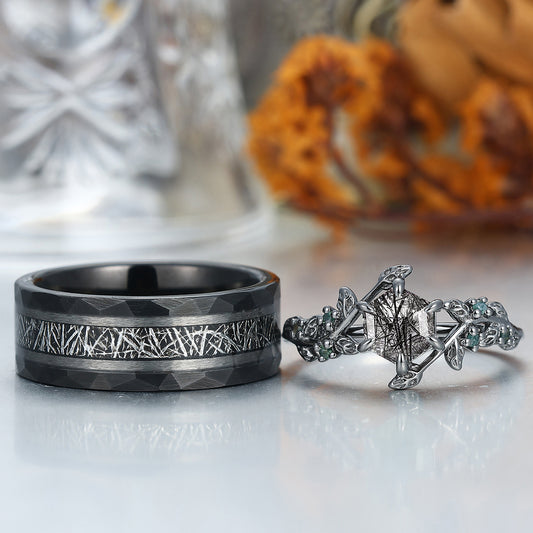 Hexagon Black Rutilated Quartz Leaf Design Couples Ring Set His and Hers Wedding Band