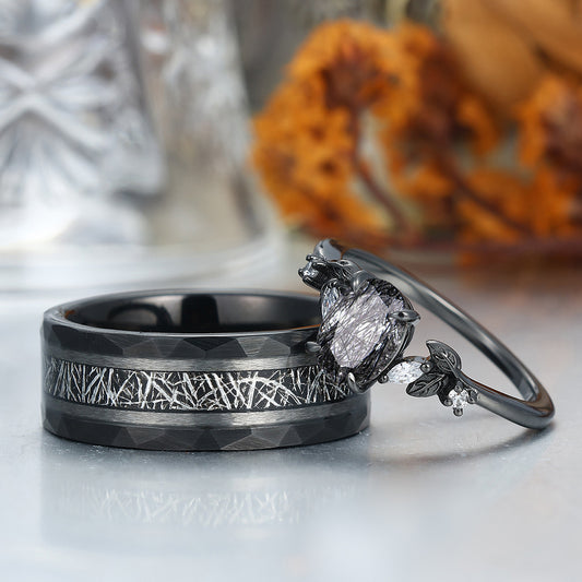 Elegant Black Rutilated Quartz Leaf Accents Engagement Rings For Couples Hammered Black Tungsten Bands