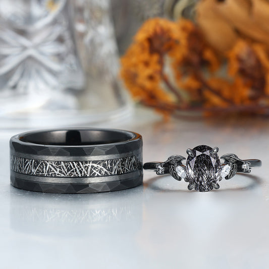 Elegant Black Rutilated Quartz Leaf Accents Engagement Rings For Couples Hammered Black Tungsten Bands