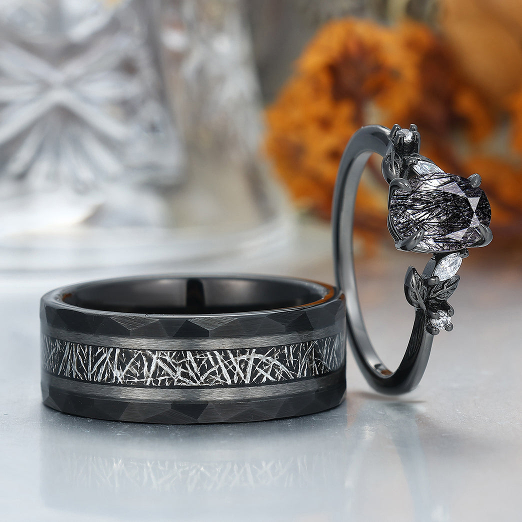 Elegant Black Rutilated Quartz Leaf Accents Engagement Rings For Couples Hammered Black Tungsten Bands