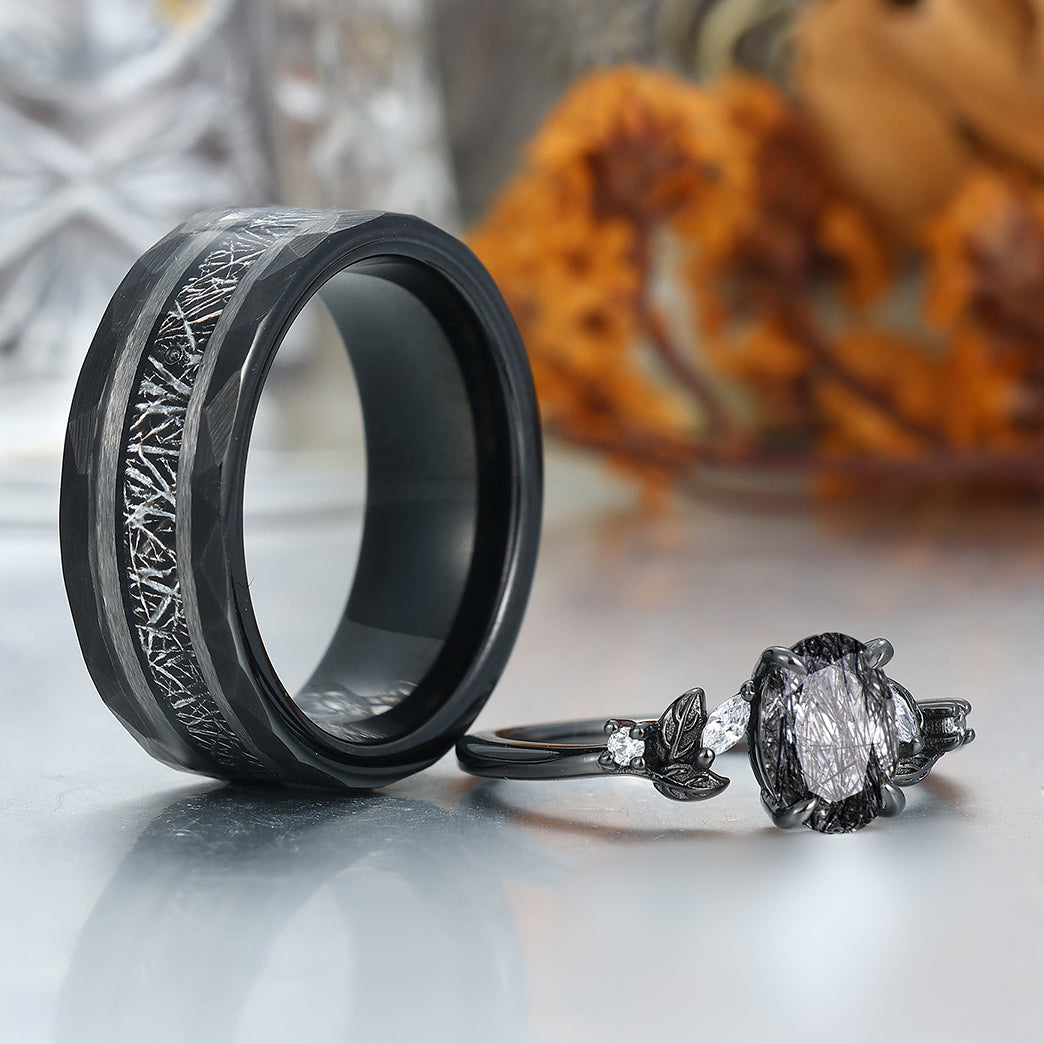 Elegant Black Rutilated Quartz Leaf Accents Engagement Rings For Couples Hammered Black Tungsten Bands