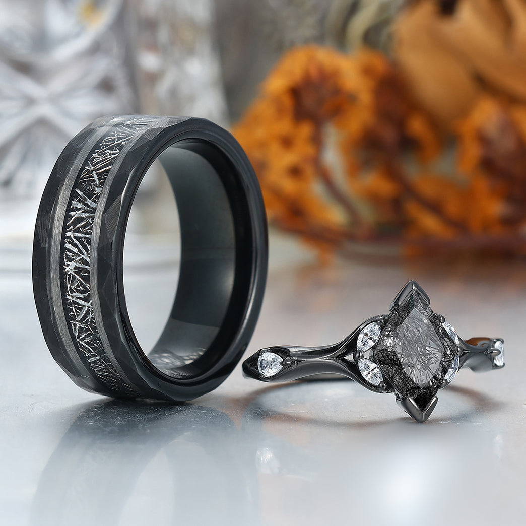 Delicate Black Rutilated Quartz Twisted Engagement Couple Rings Matching Tungsten Wedding Band