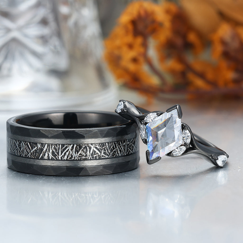 Unique  Moissanites Engagement Couple Rings Matching Promise His And Hers Wedding Band