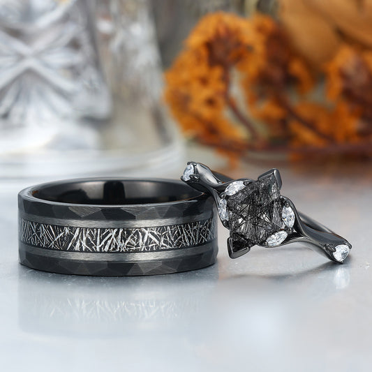 Delicate Black Rutilated Quartz Twisted Engagement Couple Rings Matching Tungsten Wedding Band