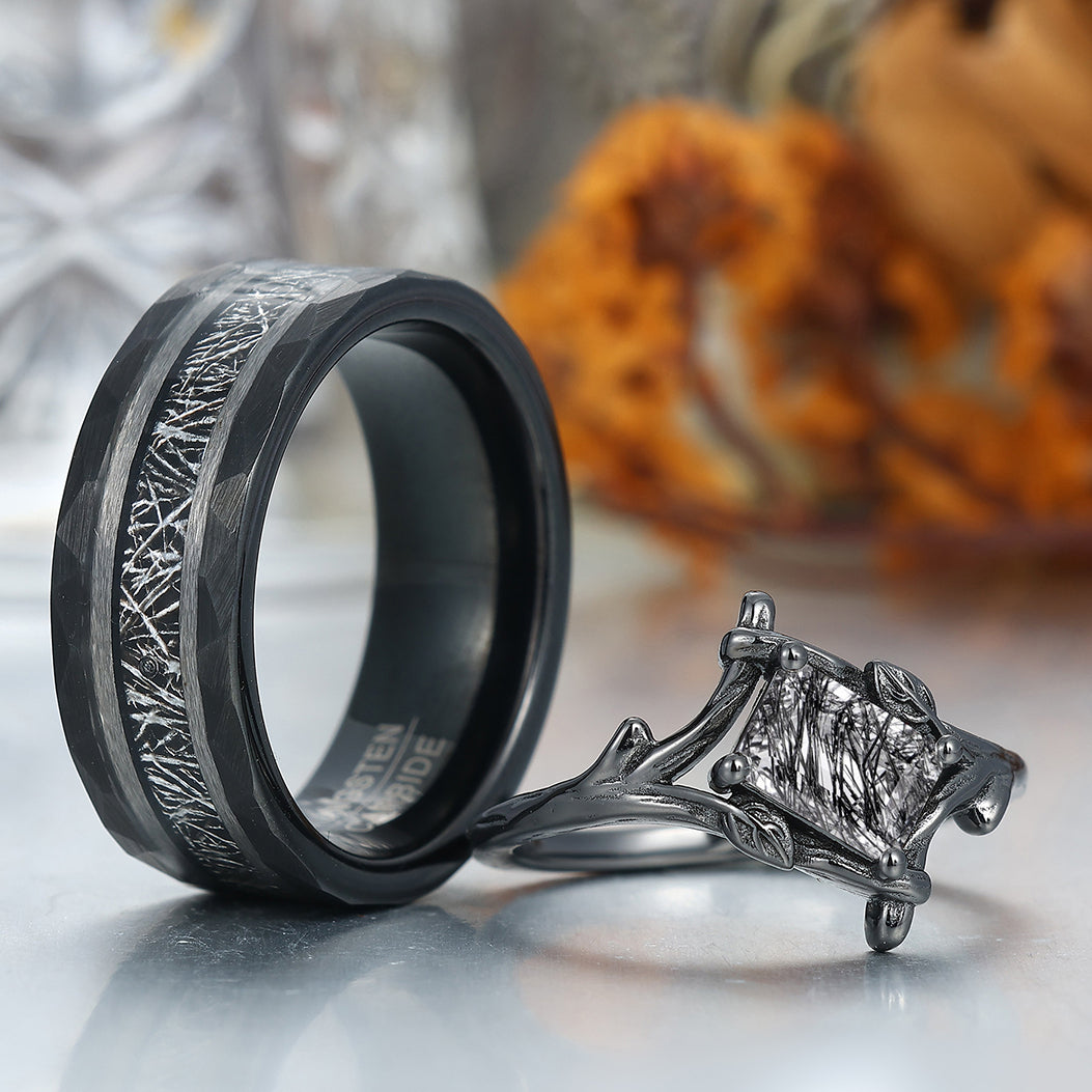 Art Deco Black Rutilated Quartz Branches Engagement Couple Rings Tungsten Black Plated Marriage Ring