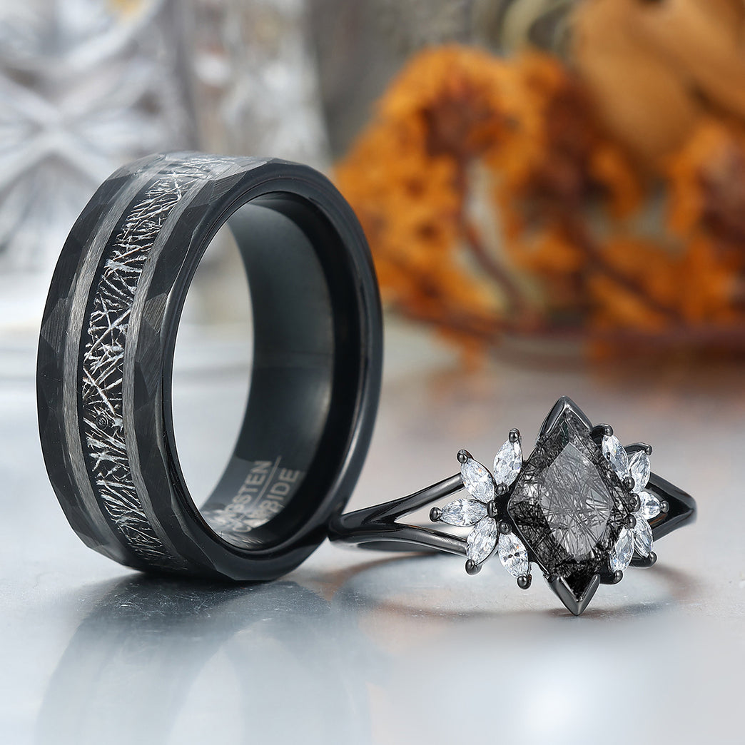 Personalized Black Rutilated Quartz Cluster Engagement Couple Rings Black Tungsten Band For Men And Women