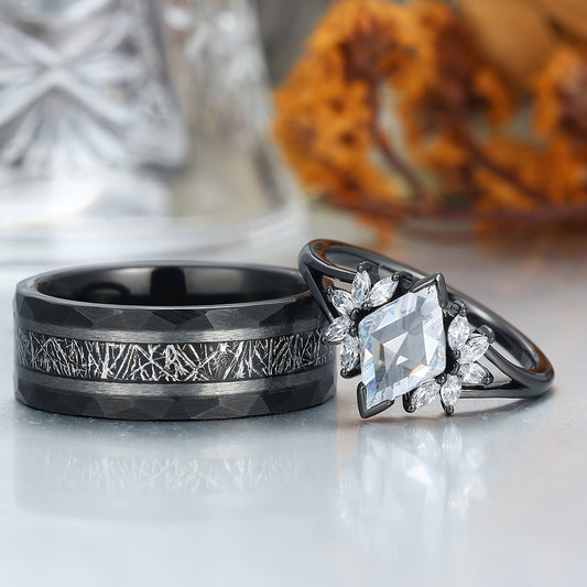 Unique Rhombus Cut Moissanites Engagement Couple Rings Matching Promise His And Hers Wedding Band