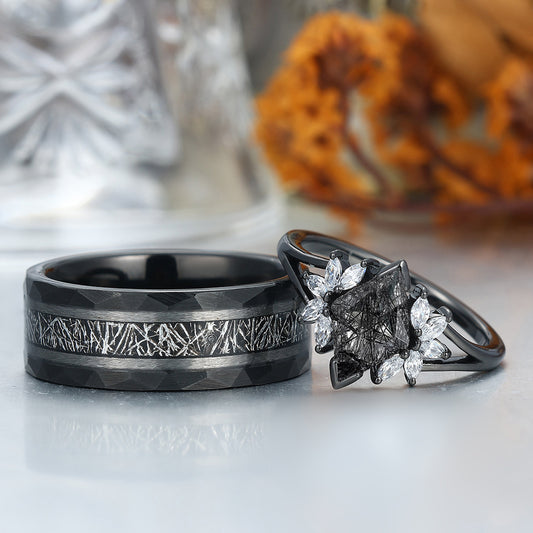 Personalized Black Rutilated Quartz Cluster Engagement Couple Rings Black Tungsten Band For Men And Women