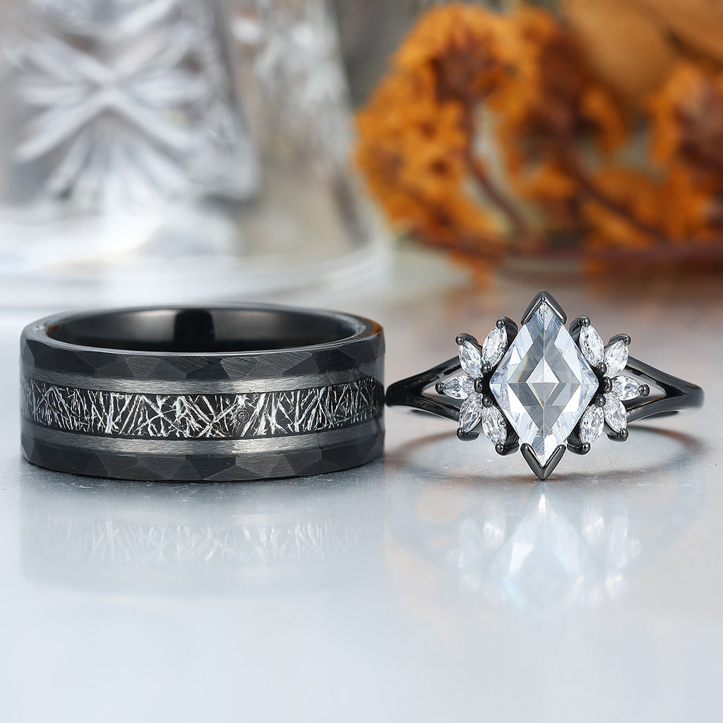 Unique Rhombus Cut Moissanites Engagement Couple Rings Matching Promise His And Hers Wedding Band