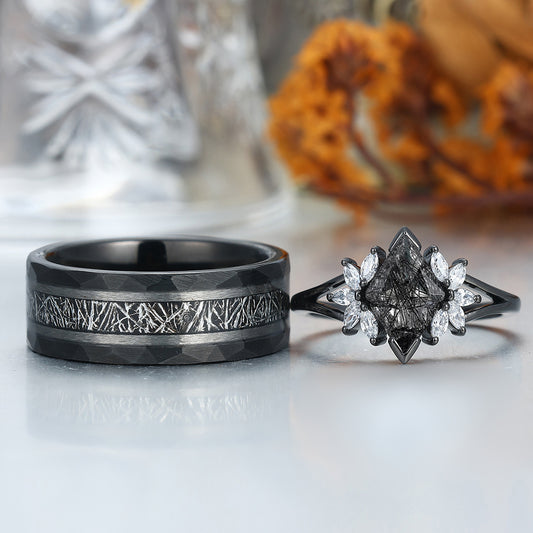 Personalized Black Rutilated Quartz Cluster Engagement Couple Rings Black Tungsten Band For Men And Women