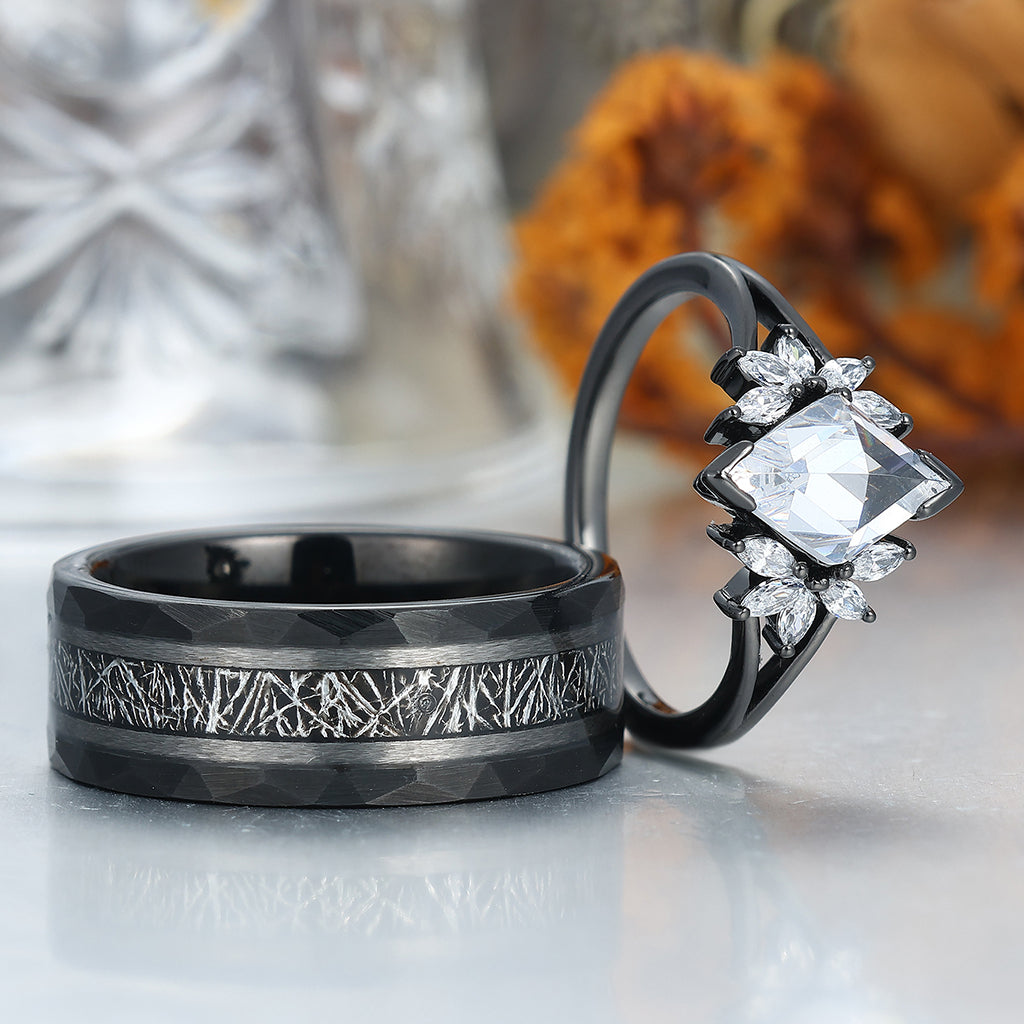 Unique Rhombus Cut Moissanites Engagement Couple Rings Matching Promise His And Hers Wedding Band