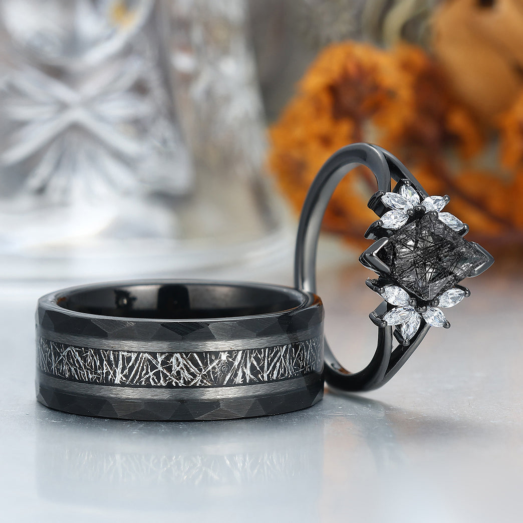 Personalized Black Rutilated Quartz Cluster Engagement Couple Rings Black Tungsten Band For Men And Women
