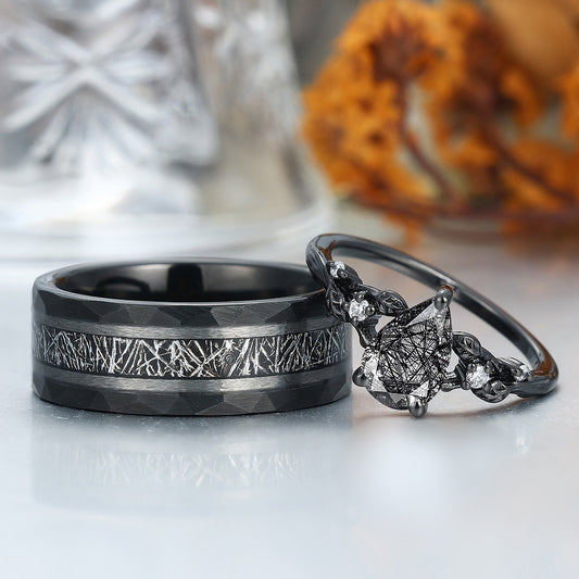 Exquisite Black Rutilated Quartz Leaves Engagement Couple Rings Tungsten Matching Promise Rings