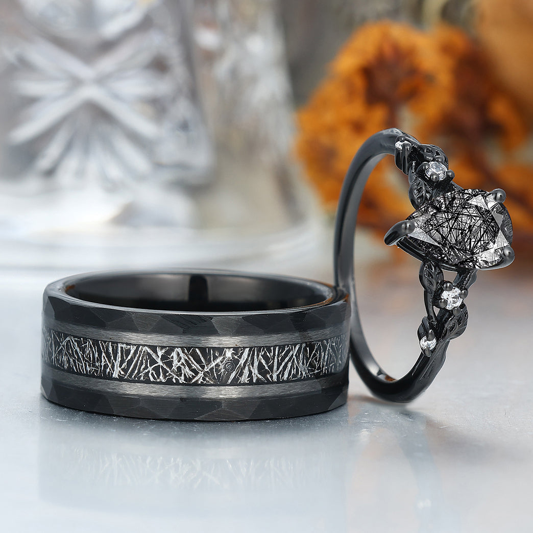 Exquisite Black Rutilated Quartz Leaves Engagement Couple Rings Tungsten Matching Promise Rings
