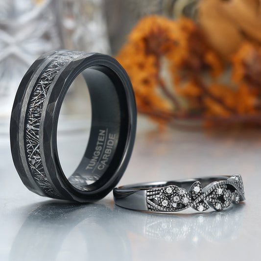 Unique Black Rutilated Quartz Leaf Engagement Couple Rings Matching Promise His And Hers Wedding Band