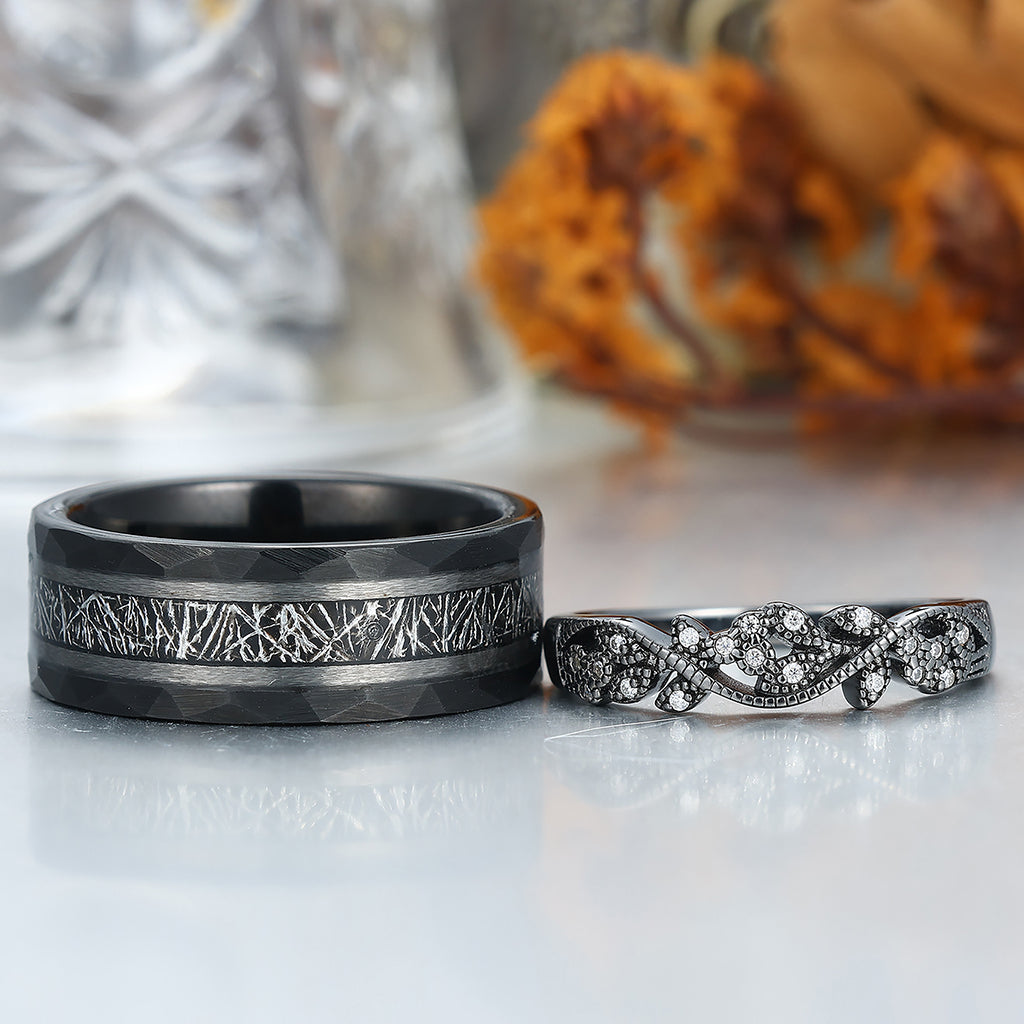Unique Black Rutilated Quartz Leaf Engagement Couple Rings Matching Promise His And Hers Wedding Band