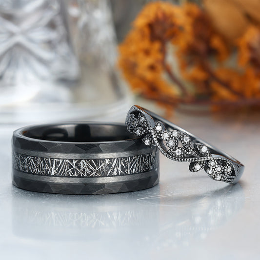 Unique Black Rutilated Quartz Leaf Engagement Couple Rings Matching Promise His And Hers Wedding Band
