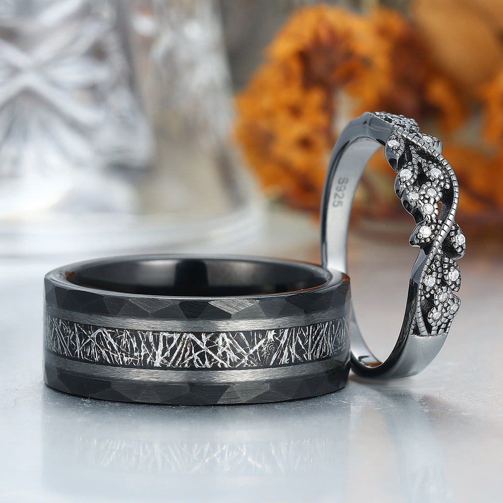 Unique Black Rutilated Quartz Leaf Engagement Couple Rings Matching Promise His And Hers Wedding Band