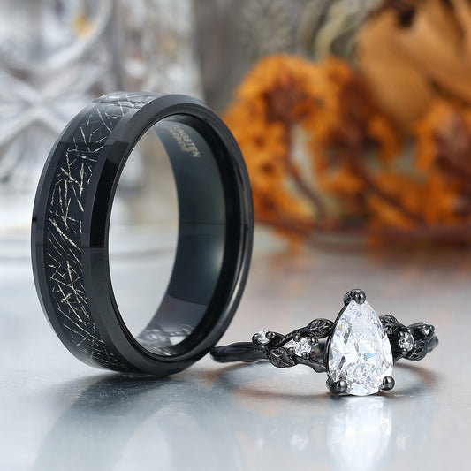 Pear Cut Leaf Design Moissanites Engagement Couple Rings Matching Promise His And Hers Wedding Band