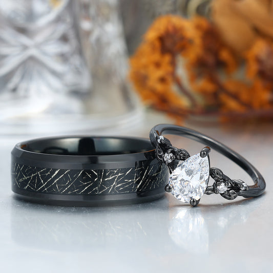 Pear Cut Leaf Design Moissanites Engagement Couple Rings Matching Promise His And Hers Wedding Band