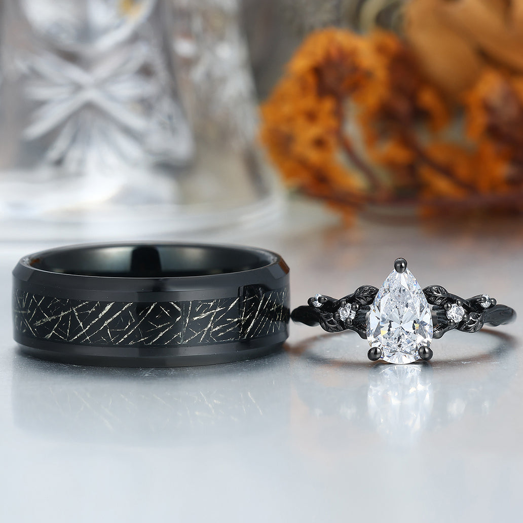 Pear Cut Leaf Design Moissanites Engagement Couple Rings Matching Promise His And Hers Wedding Band