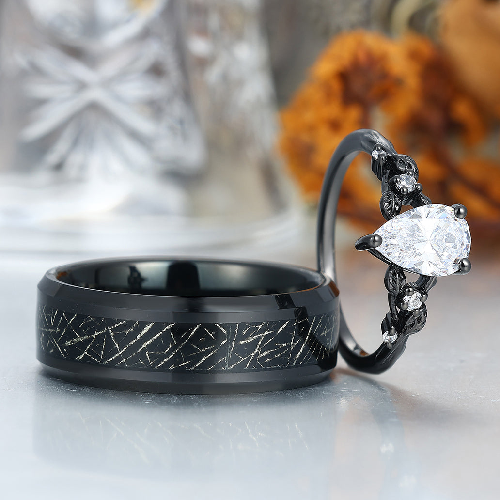Pear Cut Leaf Design Moissanites Engagement Couple Rings Matching Promise His And Hers Wedding Band