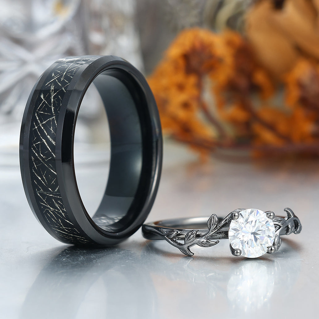 Moissanite Engagement Couples Ring Set And Tungsten Matching Ring His and Hers Ring Set