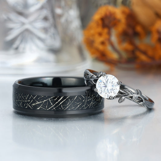 Moissanite Engagement Couples Ring Set And Tungsten Matching Ring His and Hers Ring Set