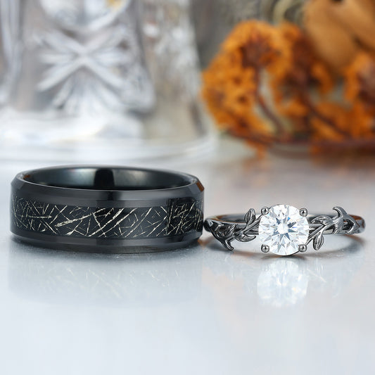 Moissanite Engagement Couples Ring Set And Tungsten Matching Ring His and Hers Ring Set