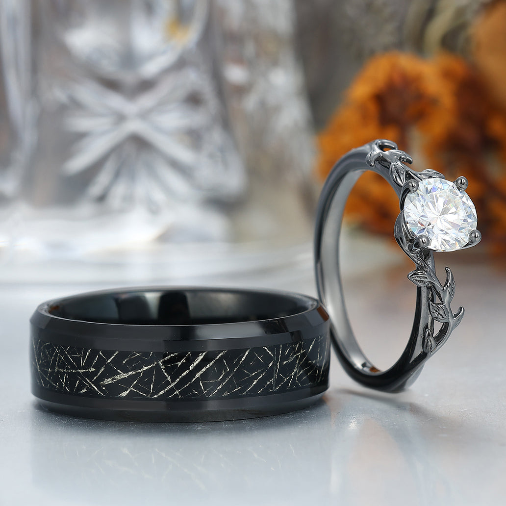 Moissanite Engagement Couples Ring Set And Tungsten Matching Ring His and Hers Ring Set