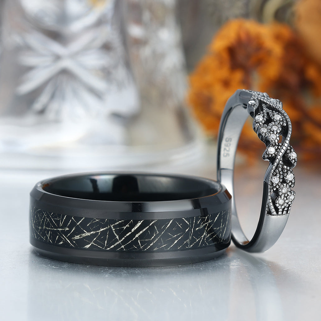 Vintage Black Rutilated Quartz Gold Leaf Tungsten His and Hers Ring Set